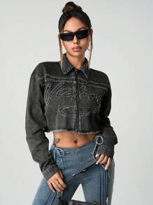 SHEIN Teen Girls Frayed Edge Letter Black Denim Short Loose Long Sleeve Jacket - Black - View 8