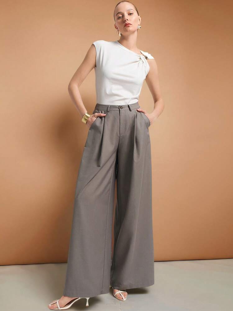 2025 New Arrival Pants Women Urban Commute Style Grey Trousers With Back Pleated Design, For Daily Wear