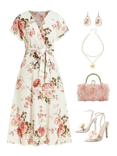Ellevyn 花卉印花 V 领短袖系腰 A 字长裙 女士夏季服装 女士度假服装 女士浪漫连衣裙 女士夏季连衣裙 夏季服装 女士夏季连衣裙 度假服装 女士茶会连衣裙 度假服装 女士夏季连衣裙