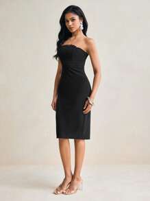 Ella Moore Schwarzes einfarbiges Kleid im Korsett-Stil mit Schnürung, wadenlang, trägerlos, Midi-Länge, sexy, für Rave, Abiball