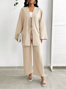 SHEIN Lady 2pcs Women Casual Front Tie Long Sleeve Top And Pants Set, Solid Color Blue Women's Two Pieces Set - Khaki - View 3