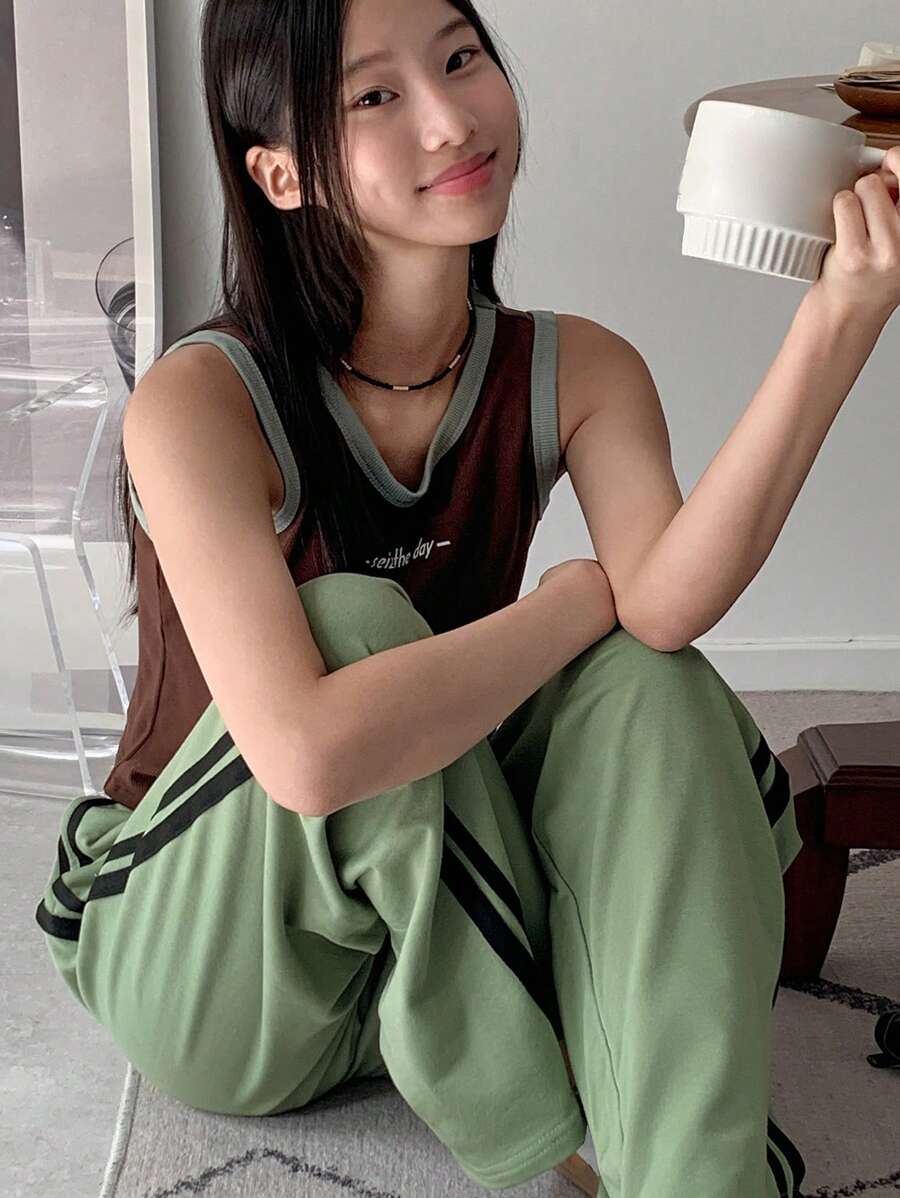 DAZY 2 件套青少年女孩字母印花吊带背心和短裤休闲套装,女孩夏季服装,返校服装 - 綠色 - 查看 1