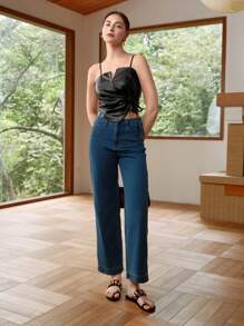 SHEIN ChicEase Áo hai dây cổ chữ V bằng da PU không đối xứng phía trước dành cho nữ - màu đen - Xem 5