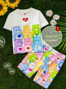 SHEIN X Care Bears 年轻女孩可爱彩色爱心和熊印花白色休闲百搭舒适短袖 T 恤和彩色短裤睡衣套装