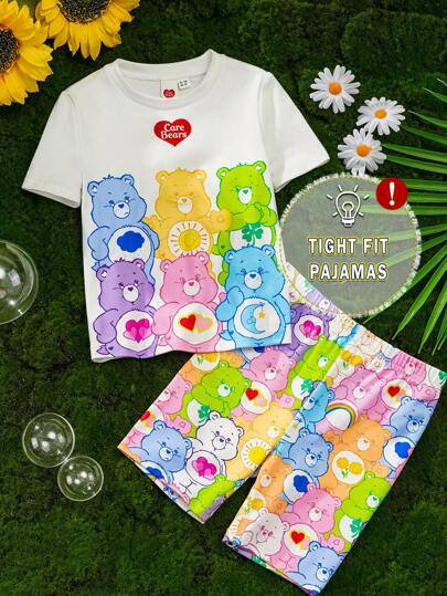 SHEIN X Care Bears 年轻女孩可爱彩色爱心和熊印花白色休闲百搭舒适短袖 T 恤和彩色短裤睡衣套装