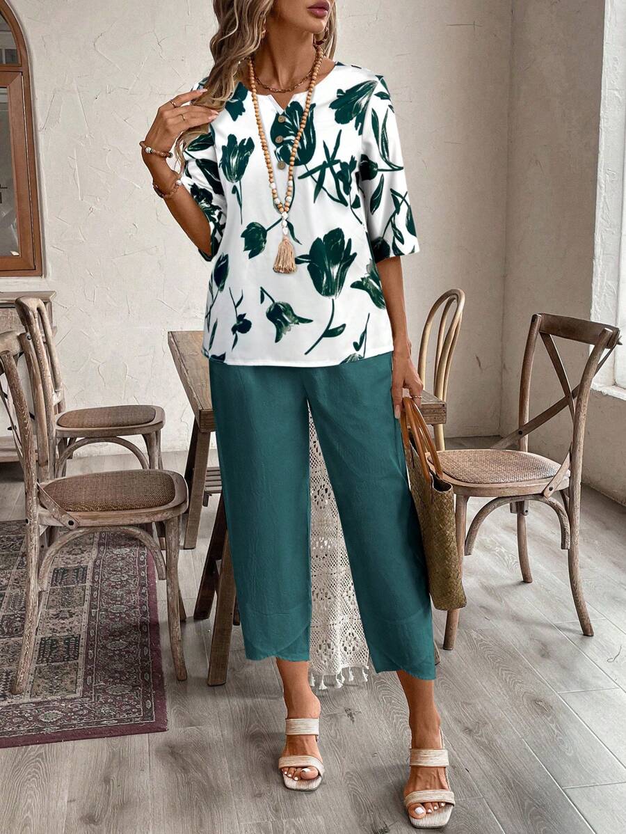 EMERY ROSE Women Floral Print Blouse And 7/8 Pants Set,Summer Sets