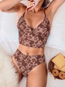 SHEIN Swim 女式花卉印花吊带背心两件套泳衣套装，随机印花 - 乾枯玫瑰色 - 查看 3