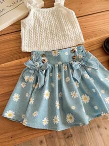 SHEIN LMoss Kids Babygirl 花卉印花白色吊带背心和迷你裙套装，夏季 - 紫色 - 查看 3