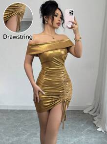 Elenzga 女士针织弹力金属闪光露肩抽绳紧身迷你派对连衣裙，适合假期休闲 - 金色 - 查看 1