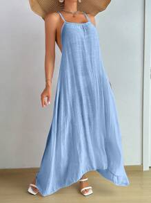 Swim Vcay Women's Solid Color Pleated Sleeveless Cover-Up Dress For Beach/Holiday For Summer Beach Vacation - Blue - View 4