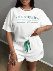 Slaydiva 2024 New Style Easter Western Versatile All-Match Casual Sports Letter Graphic Print Drawstring Elastic Waist Pullover Sweatshirt Crop Top & Shorts Two-Piece Outfit For Women, Plus Size,Holiday Outfits - White - View 3