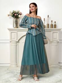 Al Najma Women's Floral Print Off Shoulder Long Sleeve Contrast Mesh Hem Arabic Style Dress - Teal Blue - View 3