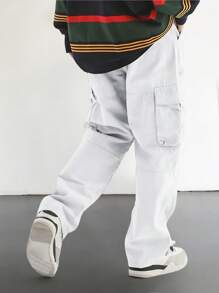 Manfinity Roghcode Men's Loose Fit Flap Pocket Side Cargo White Cargo Pants, Fall - White - View 2