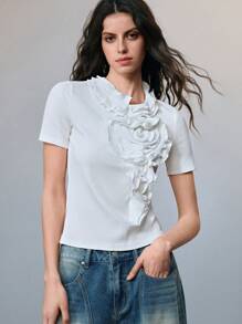 SHEIN LUNE 春夏新款时尚白色针织修身圆领三层荷叶边女式手工花朵上衣