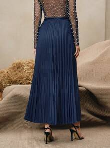 Anewsta 女士纯色优雅百褶裙女士裙子 - 藏蓝色 - 查看 2