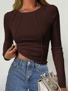 SHEIN Clasi Camiseta casual de mujer de manga larga, cuello redondo, ajuste ceñido, unicolor