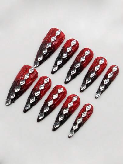 Grunge Punk 10 pièces de faux ongles de haute qualité dans les couleurs rouge et noir dégradé, peints à la main + 3 feuilles d'adhésif double face, amovibles et réutilisables, stickers d'ongles à design d'œil de chat en strass, convenant pour les fêtes, la danse et l'usage quotidien