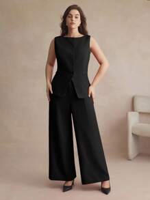 Maija 纯色两件套加大码西装套装，无袖背心和裤子，简约时尚，秋冬优雅办公室女士装 - 黑色 - 查看 4