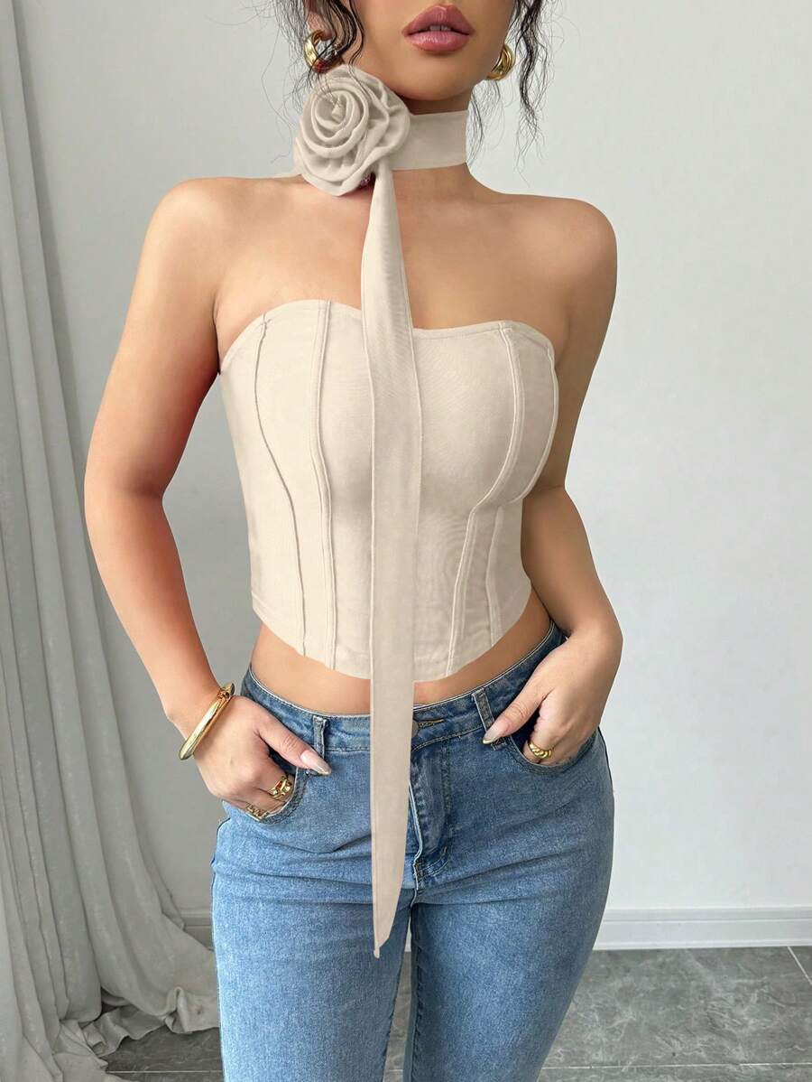 Selianne Atasan Crop Top Tanpa Lengan Motif Bunga Mawar, Warna Merah, Cocok untuk Kencan Hari Valentine, dan Sehari-hari. - Aprikot - View 1