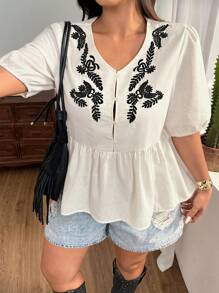 SHEIN EZwear Plus Size Women's Bohemian Vacation Casual Embroidery Floral Ruffle Trim Blouse, Spring/Summer - Beige - View 3