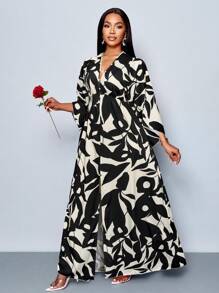 SOLERSUN 女士节日花卉印花 V 领长款优雅荷叶边袖荷叶边开叉大腿长裙，适合度假、约会和日常穿着