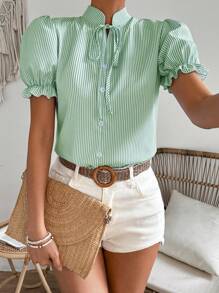 RosyDaze Women's Striped Tie Neck Short Puff Sleeve Single-Breasted Casual Blouse