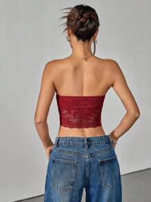 SHEIN PETITE 女士花卉蕾丝不对称下摆抹胸，时尚 - 酒紅色 - 查看 2