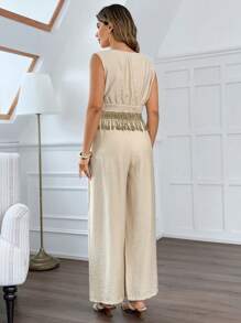 Flirla Women Plus Size French Style Casual Commuting Vacation Solid Color Deep V-Neck Tassel Trim Top And Long Pants Set - Apricot - View 2