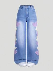 Teen Girl Casual New Fashionable Heart Embroidery Washed Straight-Leg Jeans,Holiday,Summer,Travel - Medium Wash - View 1