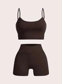 SHEIN EZwear Brown Vest & Shorts & Slim Fit Pants Multi-Piece Outdoor Set - Brown - View 6