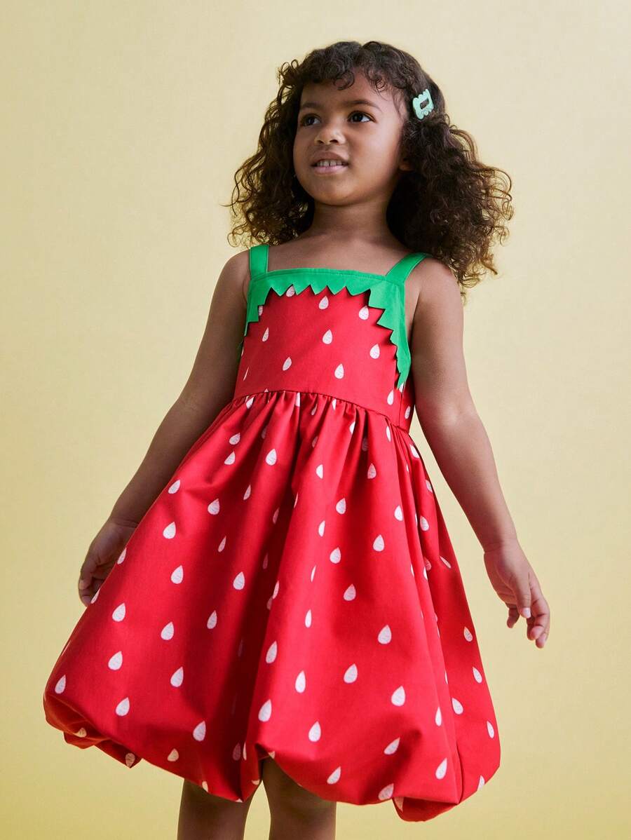 THE HAPPY LOOK Young Girls Green Strap Red Strawberry Print Floral Hem Dress, Cute Party Style