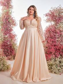 Glamrae Plus Size Luxury Lotus Pink Pearl & Rhinestone Embroidered Satin Patchwork Elegant Evening Gown - Apricot - View 6
