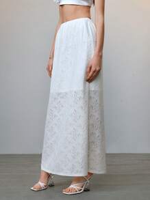 SHEIN LUNE Casual Solid Color Hollow Lace Long Skirt - White - View 3