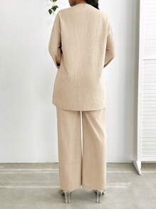 SHEIN Lady 2pcs Women Casual Front Tie Long Sleeve Top And Pants Set, Solid Color Blue Women's Two Pieces Set - Khaki - View 2