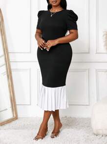 SHEIN Lady Váy midi dài tay xếp ly đuôi cá màu đen thanh lịch cho mùa xuân và mùa hè cỡ lớn - Đen và trắng - Xem 3