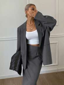 DAZY 女士西装外套和及膝裙套装，长袖，休闲百搭，适合所有季节商务休闲，女士两件套，秋装 - 灰色 - 查看 3