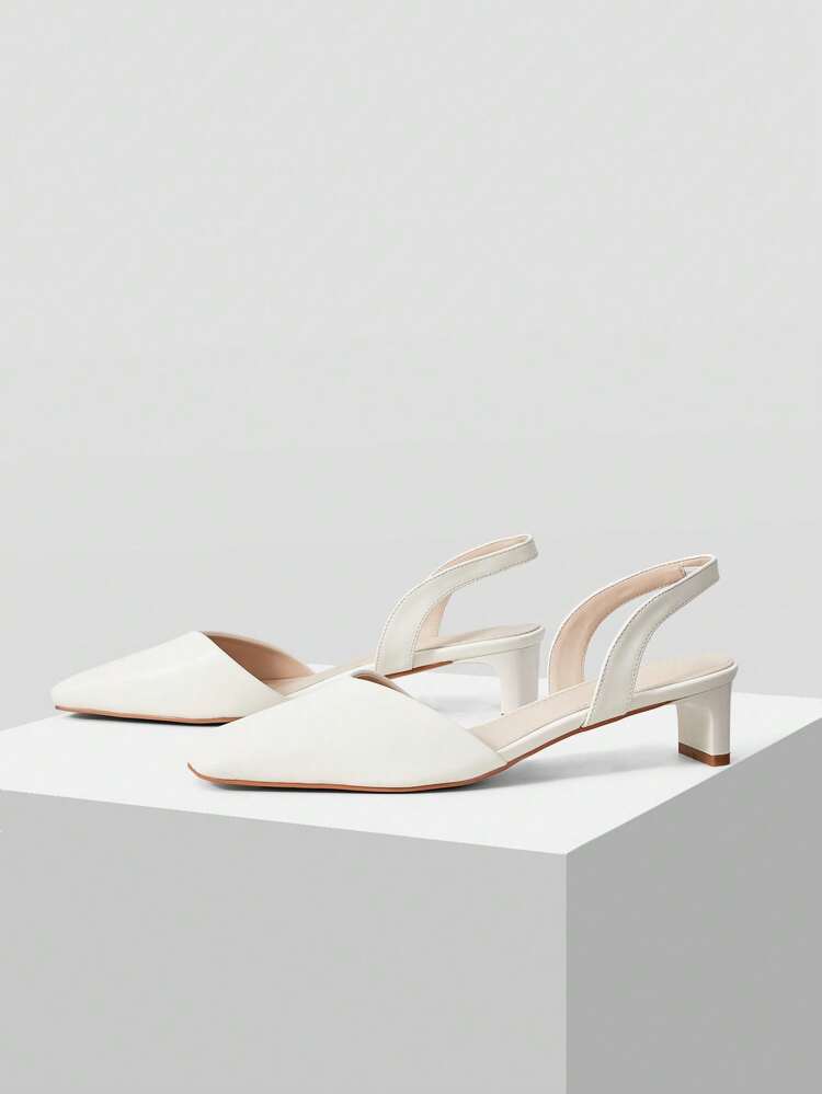WHITE PU SQUARE TOE MID HEEL SLIP-ON PUMPS