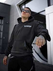 RueChic Men Contrast Stitch Letter Printed Regular Hoodie - Black - View 1