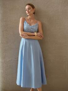 MOTF PREMIUM CONTRAST LACE PATCHWORK SLEEVELESS MID-CALF DRESS - Blue - View 6