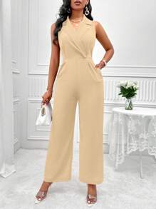 SOLERSUN Lapel Neck Slant Pocket Jumpsuit For New Year Clothes - Apricot - View 5