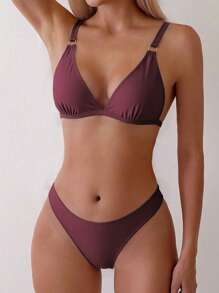 SHEIN Swim 2026 Spring/Summer Women's Adjustable Strap Silver Ring Buckle V-Neck Burgundy Side High Cut Bottoms Vacation Bikini 2-Piece Swimsuit - Burgundy - View 2