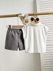 SHEIN 2 件套婴儿/男童 Polo 领无袖背心和短裤套装，时尚可爱的外出装，休闲都市装 - 彩色 - 查看 2