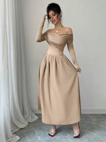 SHEIN Unity Women's Solid Color Off-Shoulder Long Sleeve Ruffle Fashion Elegant Dress - Khaki - View 6