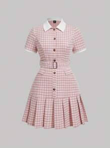 SHEIN MOD 大码女式千鸟格马球领褶皱连衣裙（配腰带）、外出装、工作办公室服装、返校节装、格子连衣裙、新年装、情人节装 - 粉色 - 查看 1