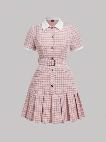 SHEIN MOD Plus Size Women's Houndstooth Polo Collar Pleated Dress With Belt,Going Out,Work Office Outfits,Homecoming,Plaid Dress,New Year,Valentine Retro Clothes Teacher Dress Professional Dresses For Women Teacher Dresses Office Dresses For Women,Graduation Dress