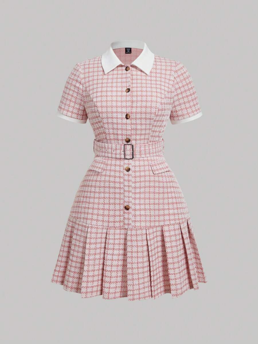 SHEIN MOD 大码女式千鸟格马球领褶皱连衣裙（配腰带）、外出装、工作办公室服装、返校节装、格子连衣裙、新年装、情人节装 - 粉色 - 查看 1