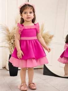 SHEIN Cute Baby Girl Summer Pink Ruffle Trim Dress - Hot Pink - View 2