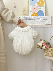 新生女宝宝可爱百搭休闲连体衣，彼得潘领，夏季 - 白色 - 查看 7