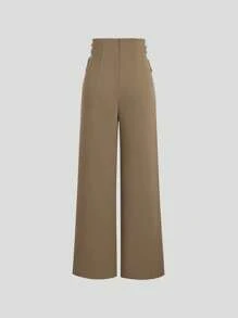 Sweetra 女性時尚純色交叉設計寬鬆長褲 - 卡其色 - 查看 2