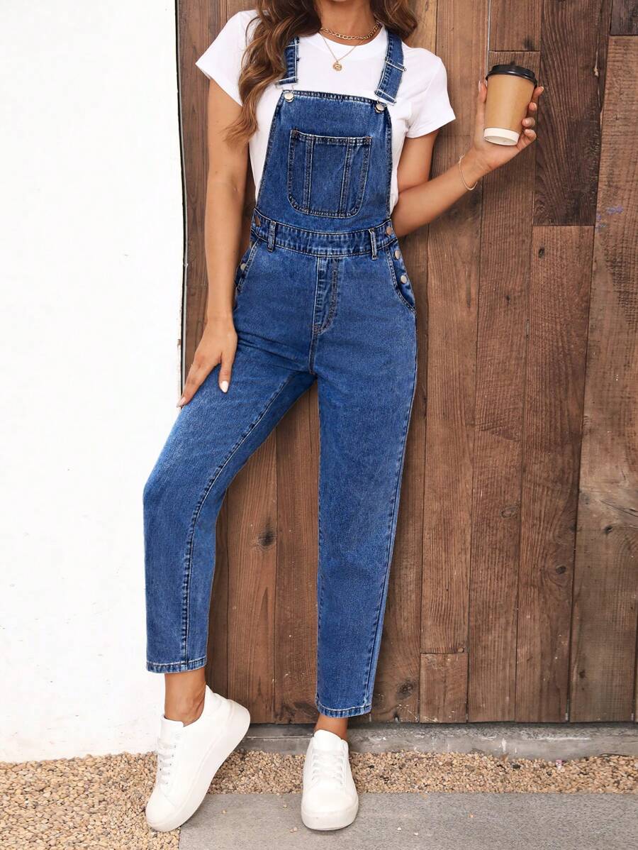 EMERY ROSE Minimalist Denim Jumpsuit, Suitable For Summer - Medium Wash - View 1